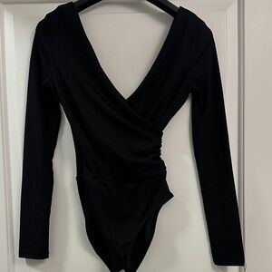 Black Long Sleeve Topshop Bodysuit with Gathered Waist and low V in front/back